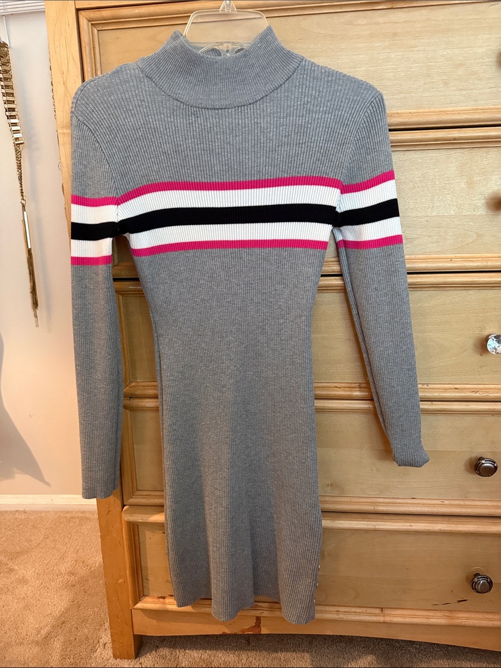 Gray Ribbed Mock Neck Sweater Dress with Pink & Black Stripes